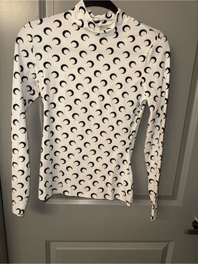 Marine Serre White Long-Sleeve Mock Neck Top with Black Crescent Moon